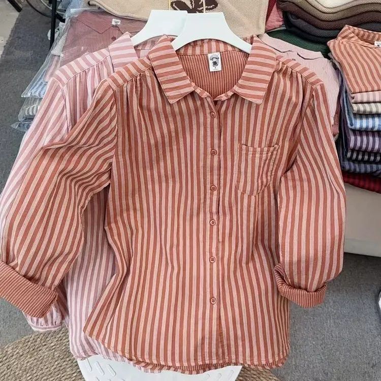 2025春季新款长袖衬衫时尚休闲百搭宽松条纹衬衣女8514
