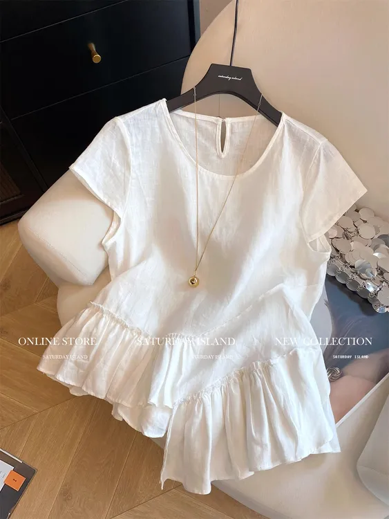 韩系设计感荷叶边下摆不规则小飞袖T恤女2025夏气质百搭宽松上衣