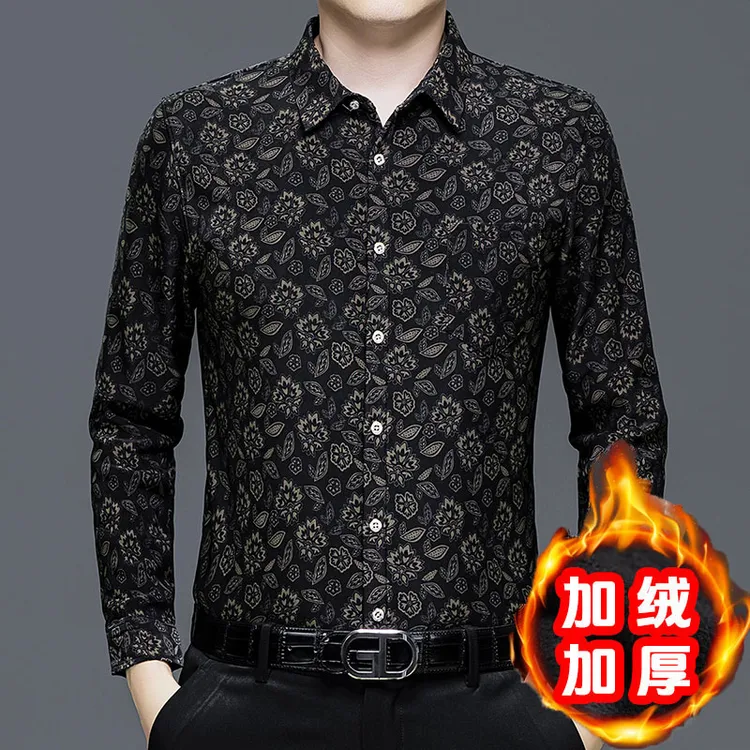 男士保暖长袖衬衫高档中年男士冬季加绒加厚翻领抗皱免烫衬衣男装