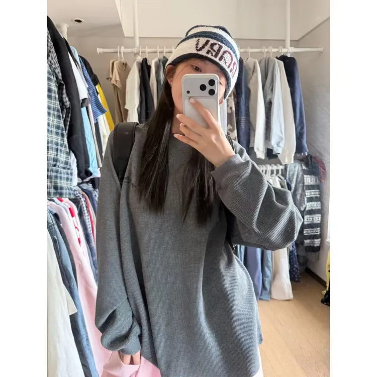 【陈碗饭】华夫格印花设计感宽松圆领薄款宽松型套头长袖常规款165