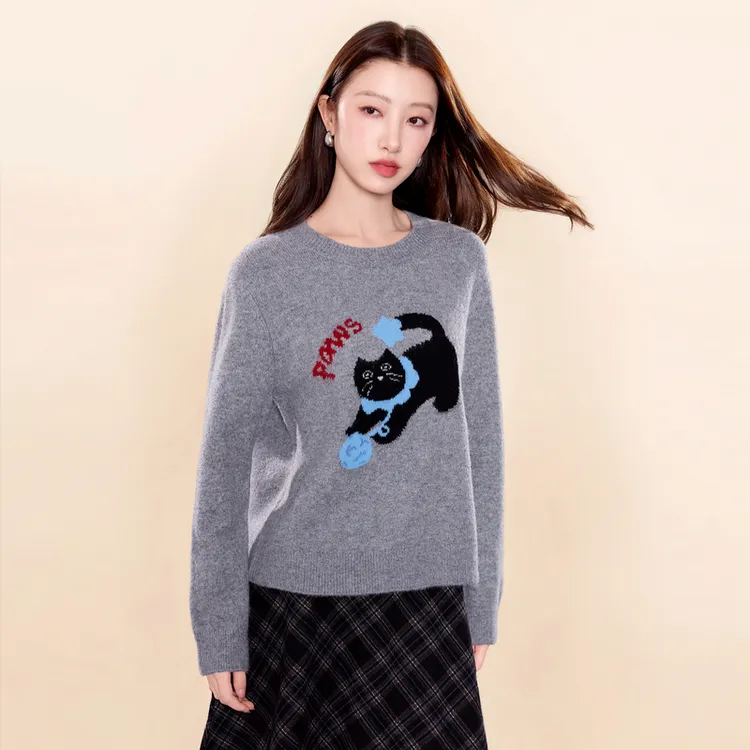 三彩大码女装2025冬季新款圆领针织衫毛衫套头萌趣提花胖MM