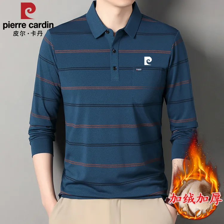 皮尔卡丹高档桑蚕丝秋冬长袖POLO衫中年男士透气休闲条纹翻领T恤