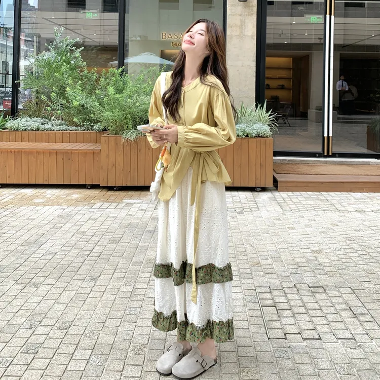 设计感不规则系带收腰衬衫套装裙女2025春秋独特绝美半身裙两件套