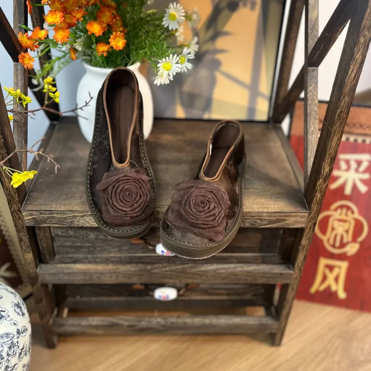 采棠风 2025秋上新（沙漠玫瑰）新中式圆头百搭休闲中国风手工布鞋