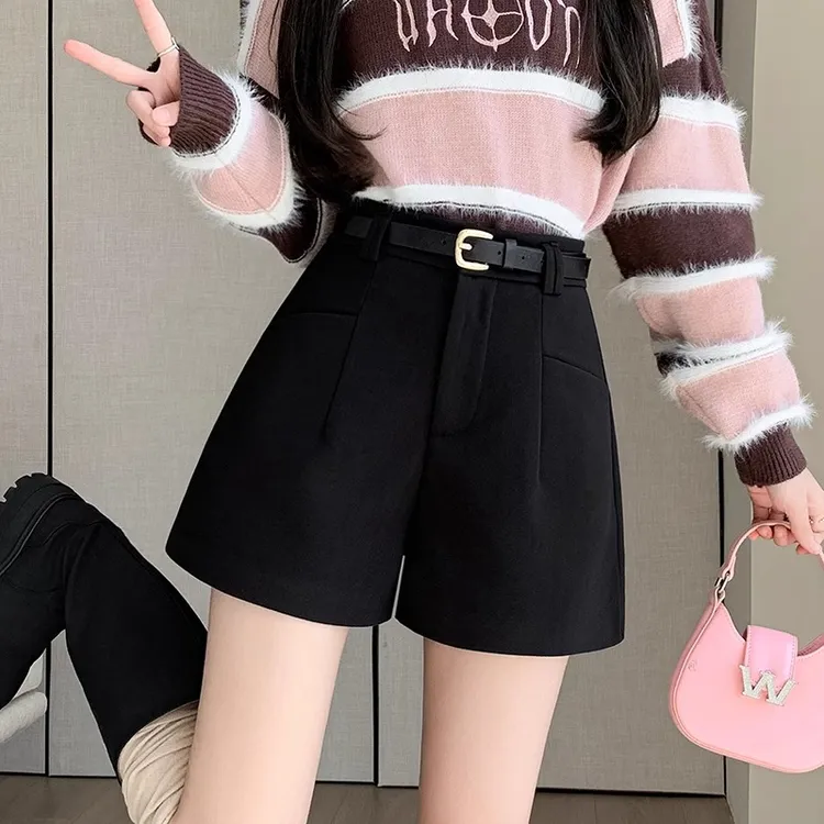 口袋休闲西装短裤女2025夏季宽松显瘦高腰a字阔腿裤外穿百搭黑色