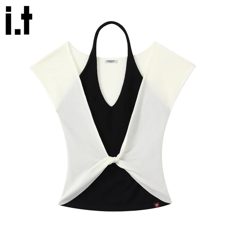 i.t :CHOCOOLATE法式纯欲风挂脖t恤女夏季新款设计感无袖修身上衣