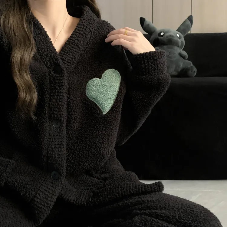 【初沁枫】简约韩版半边绒睡衣女秋冬季加厚保暖V领开衫家居服套装