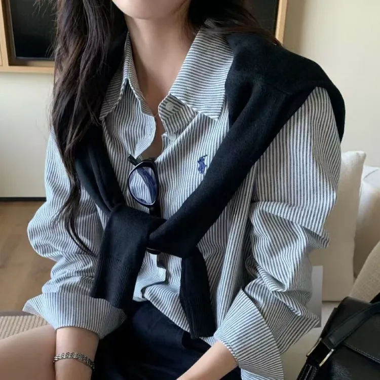 小马刺绣韩系条纹长袖单排扣宽松衬衫秋季休闲百搭新款女