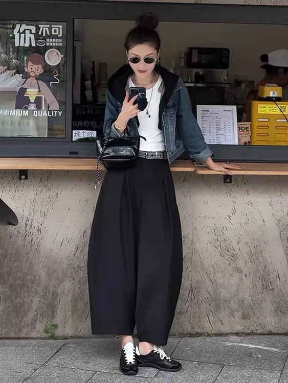 初秋款慵懒风宽松休闲裤女大码胖mm200斤高腰显瘦九分弯刀哈伦裤