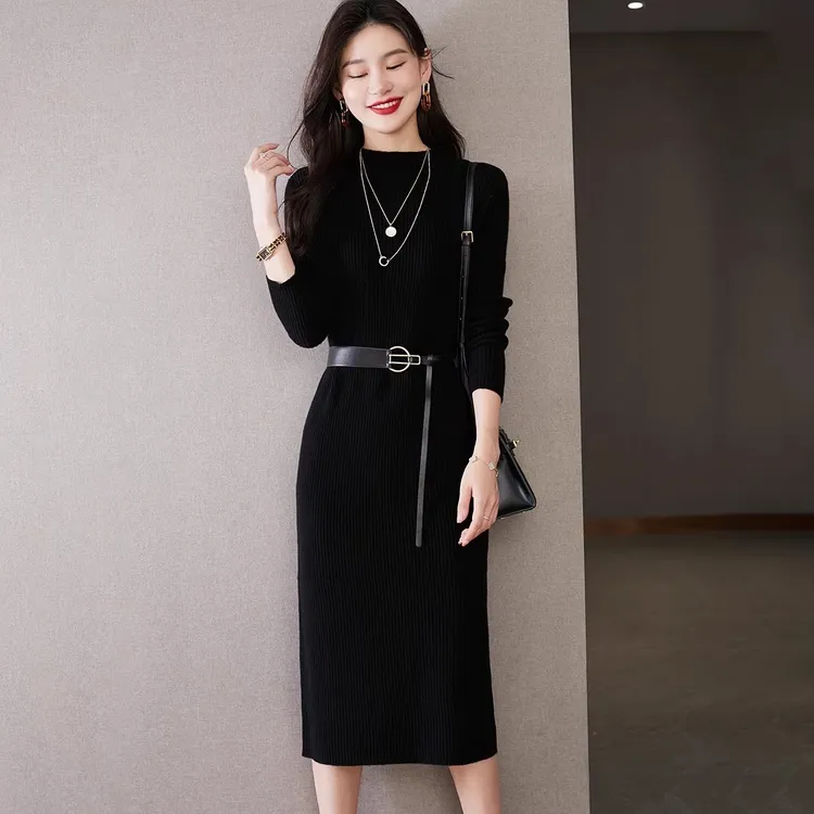 感长款羊毛针织连衣裙女2024秋冬新款半高领内搭打底气质毛衣