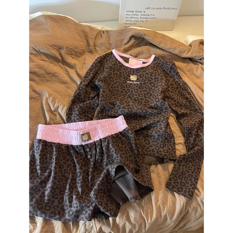 网红爆款甜酷kitty豹纹长袖睡衣女2025春秋新款短裤家居服套装