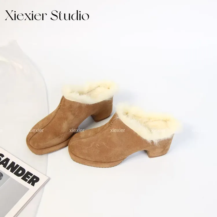 谢喜儿 | 简约增高粗跟一脚蹬包头半拖毛毛鞋