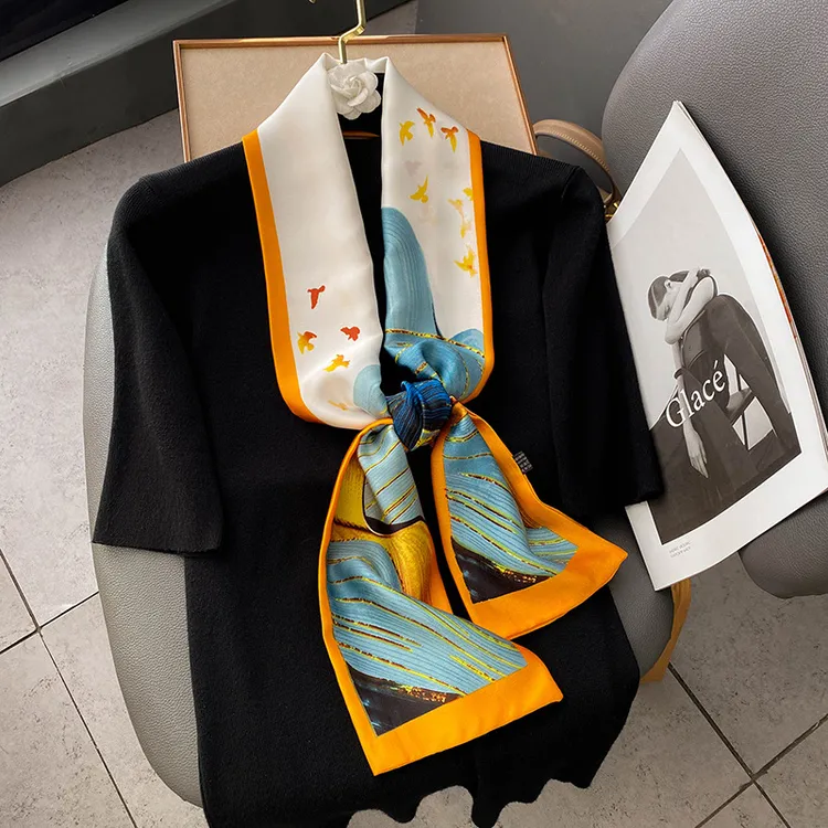 春秋季薄款复古飘带长条小丝巾女水墨画金印飞鸟职业装细窄领巾