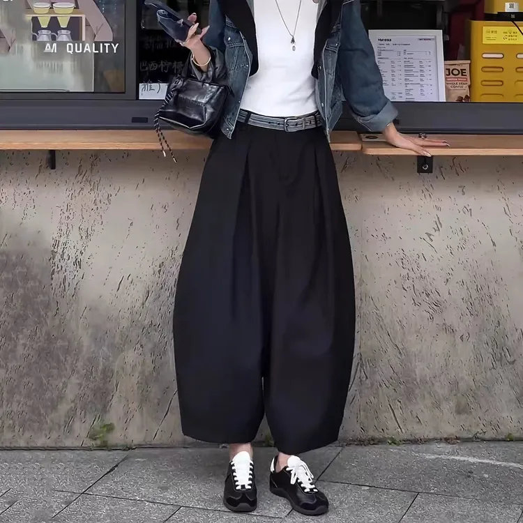 韩版黑色阔腿气球裤女2025秋季新款高腰宽松遮肉显休闲九分哈伦裤