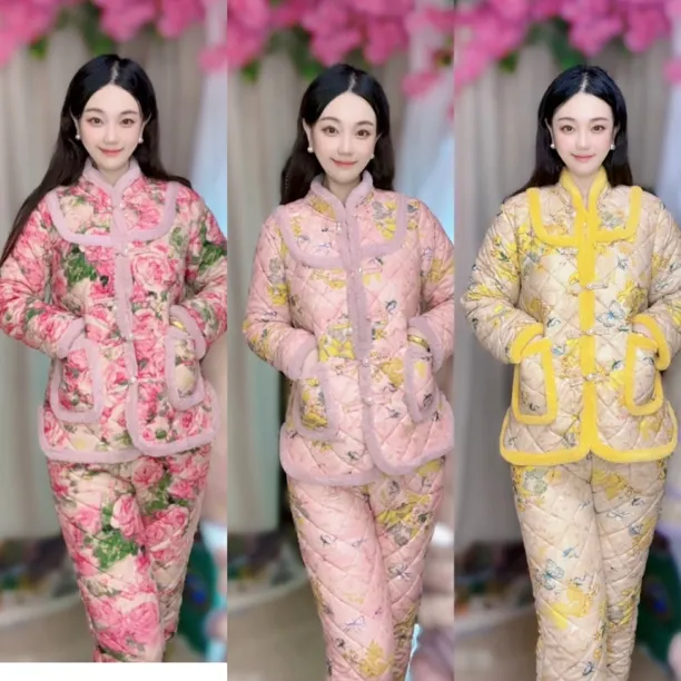 【如花】新款冬款套装网红小花袄加绒加厚套装