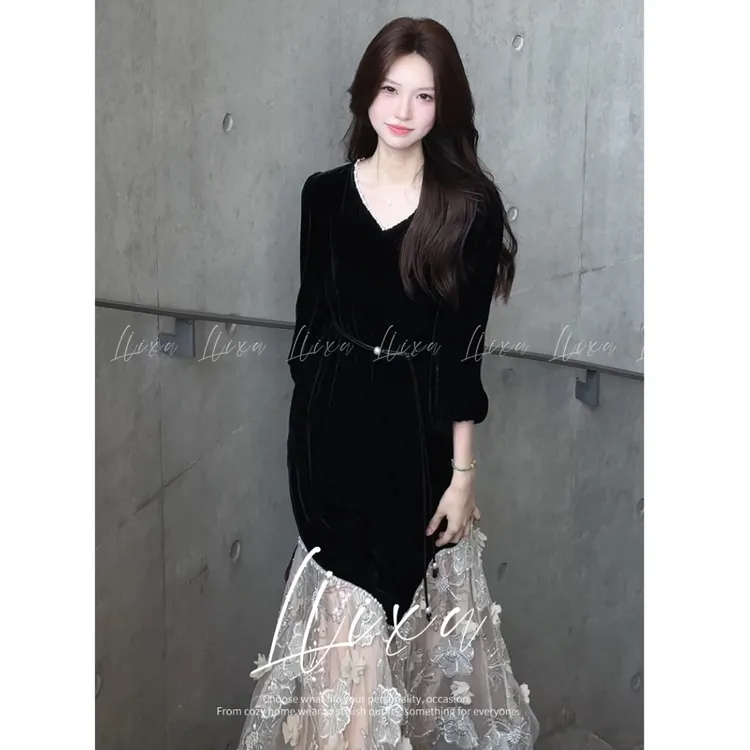 Liixu法式长袖连衣裙女2025新款高级感气质拼接网纱长裙子配腰带