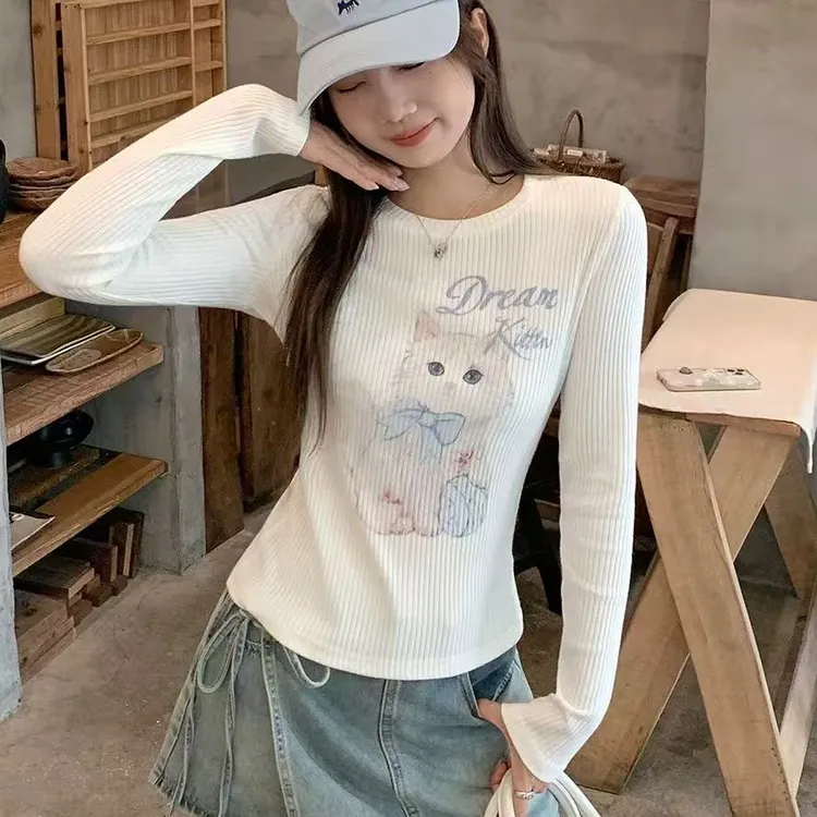 猫咪印花蝴蝶结圆领长袖T恤女秋冬季白色内搭打底衫显瘦上衣