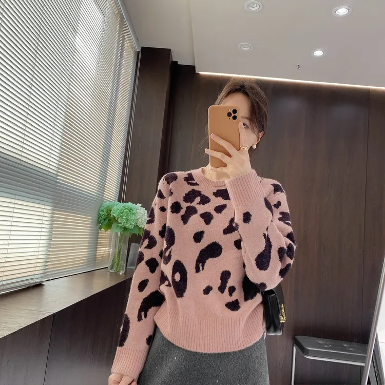 IMFLY金小金自制女装 毛衣DYW10181秋冬韩系复古豹纹套头针织上衣
