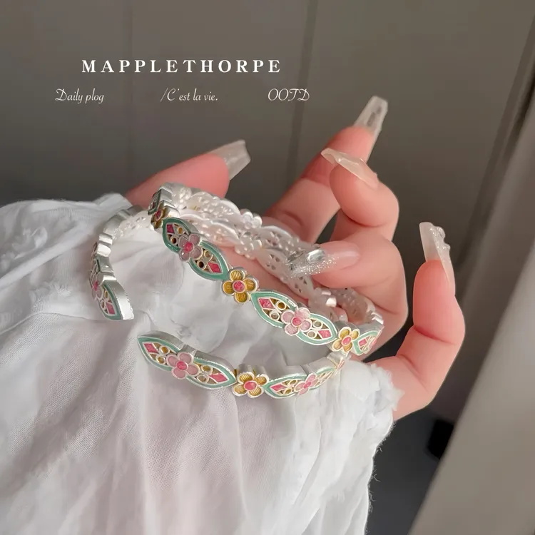 足银手镯 足银9999手镯开口吉言古法珐琅彩繁花蝴蝶竹节时尚女款