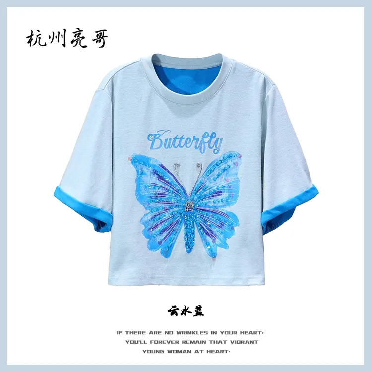 【亮哥女装】2025《蝶恋》水貂灰蝴蝶印花珠片绣高克重短袖7830-H7