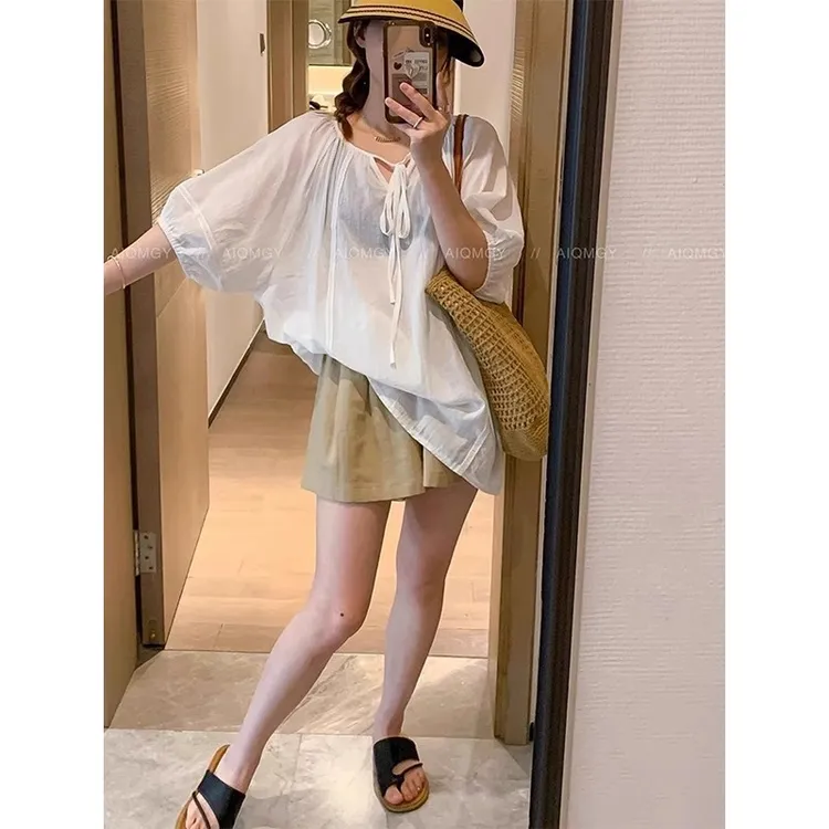 特大码300斤夏季新款V领系带衬衫短袖宽松显瘦慵懒韩系胖mm上衣女