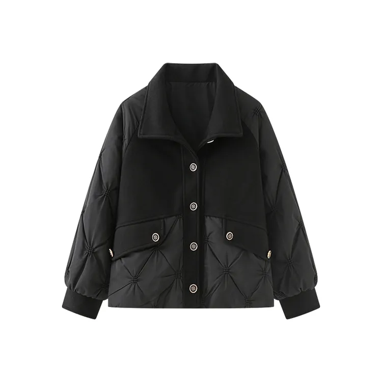 冬季新款加厚磨毛翻领拼接棉服外套女黑色宽松百搭短棉衣