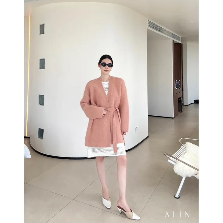 阿琳ALIN【毛毛兔狸】兔毛绒纱慵懒风开衫冬季显瘦毛外套女AL5OZS19