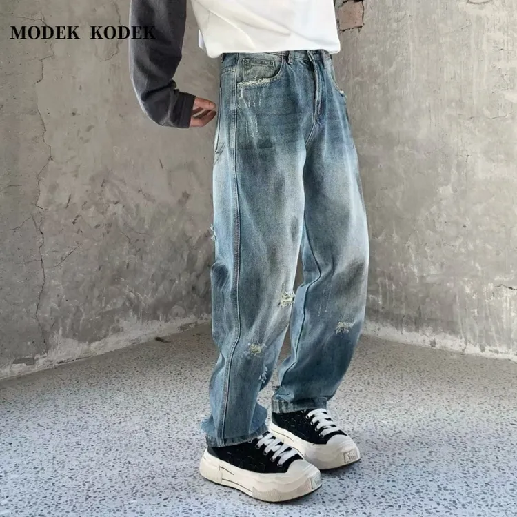 MODEK KODEK秋季新款男复古破洞牛仔裤高级感潮牌宽松直筒休闲裤
