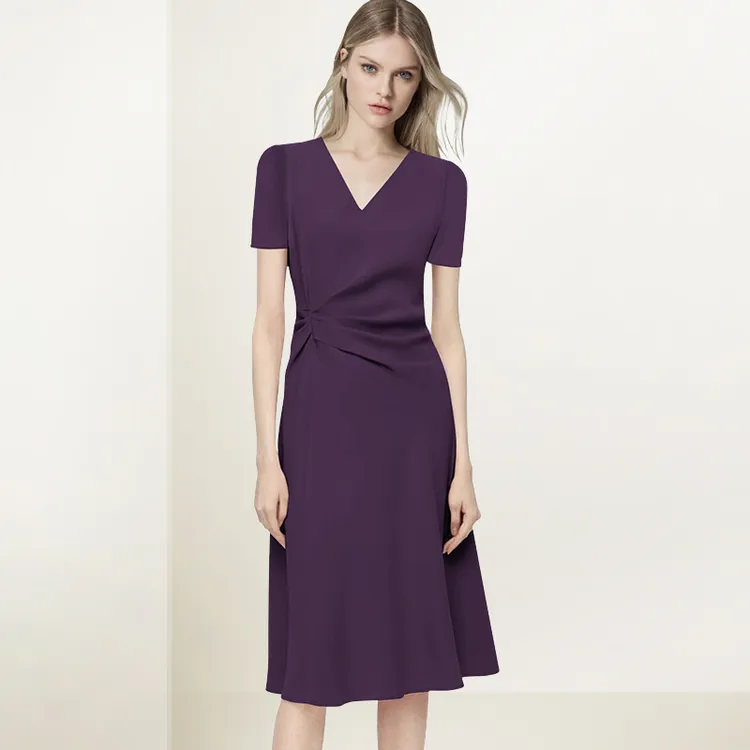 短袖V领连衣裙女2025年夏装新款气质显瘦收腰减龄紫色赫本中长裙
