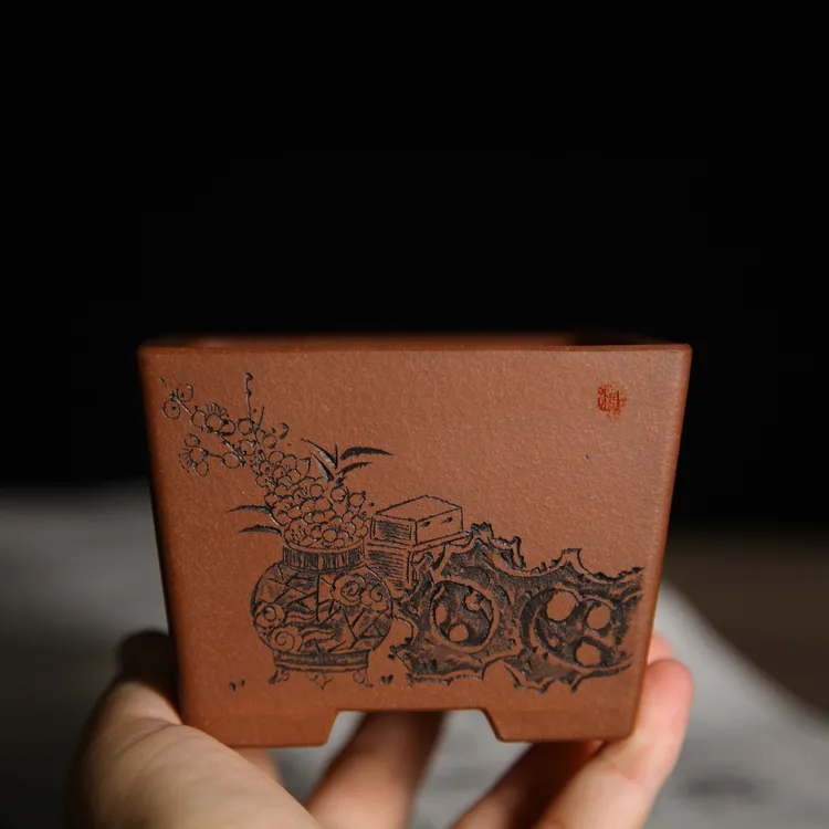 盆客陶瓷 精品紫砂盆 刘婷全手工红清水泥敞口大四方文人盆景花盆