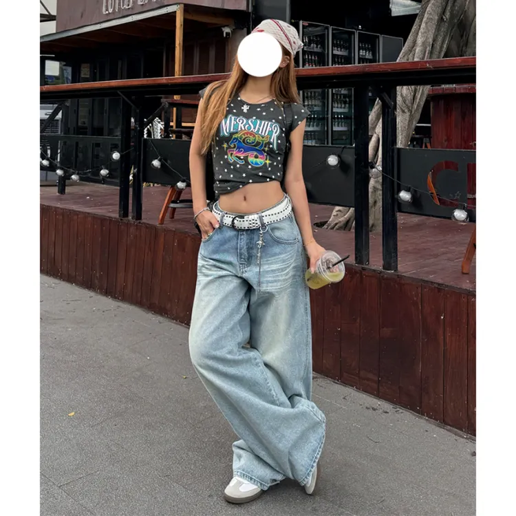 美式复古口袋刺绣牛仔裤女2025夏季宽松高腰显高显瘦阔腿拖地长裤