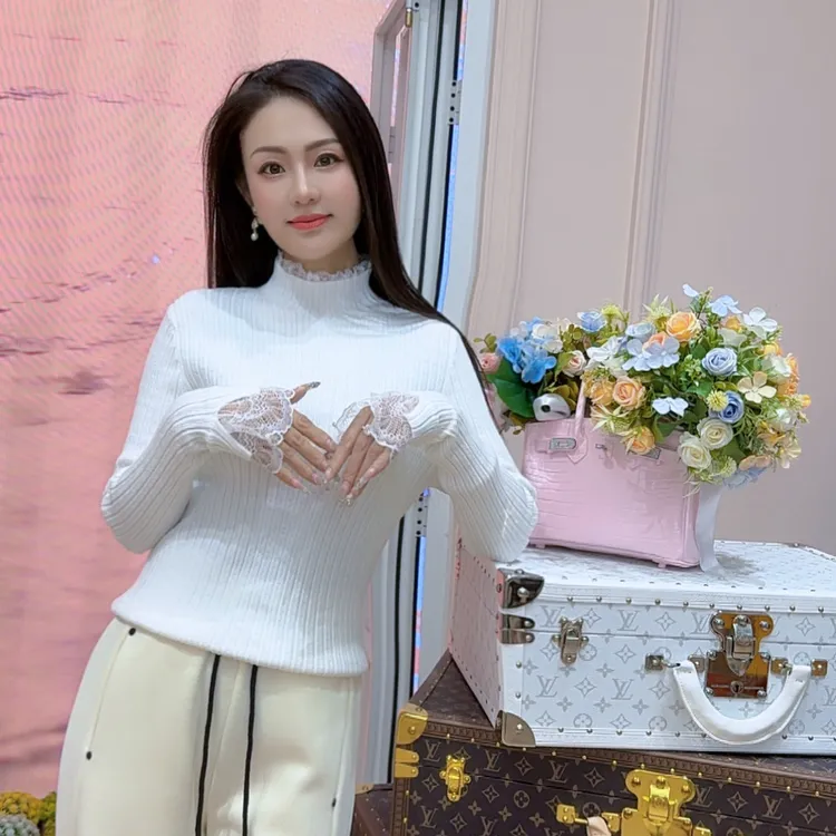 法式半高领蕾丝内搭打底加厚毛女衣秋冬季修身洋气针织衫长袖上衣