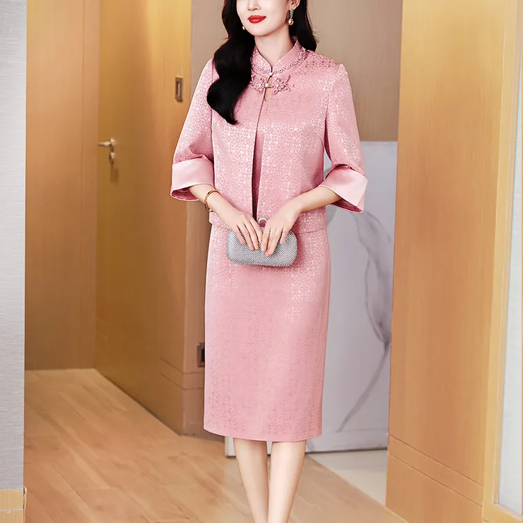 粉色喜妈妈婚宴装连衣裙女2025春秋新款高端轻奢喜婆婆礼服两件套