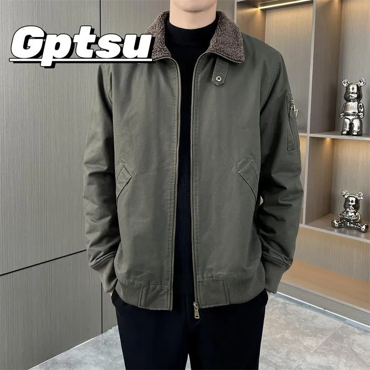 GPTSu男装可翻立领夹克秋冬季男士宽松加绒加厚棉衣休闲工装外套