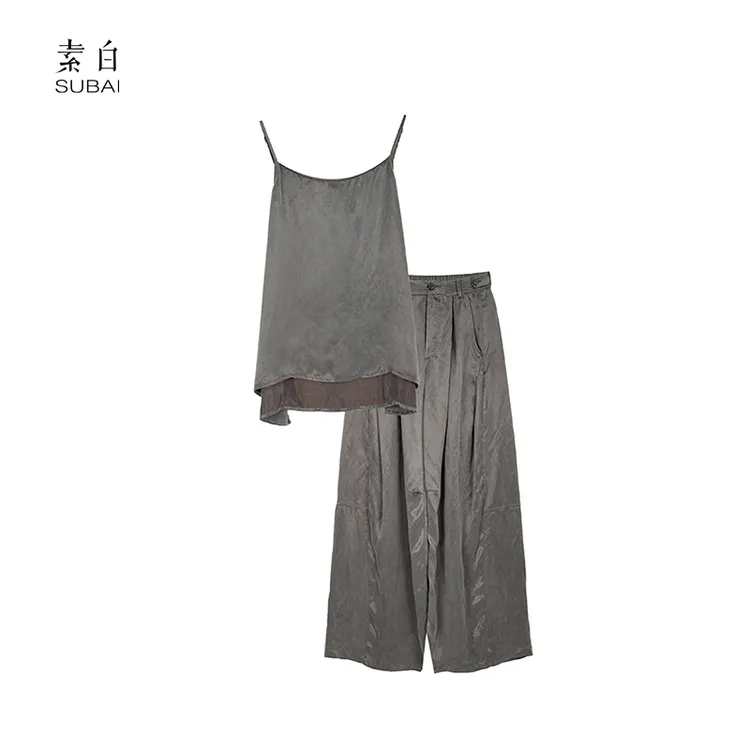 素白【霜霜】设计师秀场款穿搭高级灰铜氨丝吊带套装SB2505LQ01586
