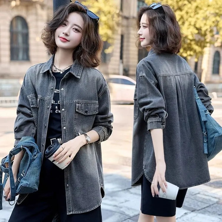 长袖牛仔衬衫女小个子春秋宽松休闲复古欧货爆款衬衣外套褂子上衣