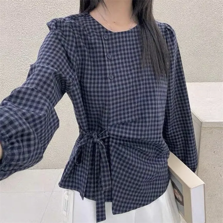 韩版收腰格子褶皱系带长袖衬衫2025早秋新款洋气百搭蝴蝶结衬衣女