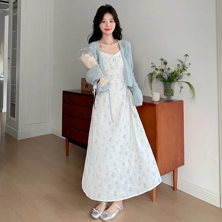 初恋感少女风套装裙女2025早秋新款针织披肩吊带碎花连衣裙两件套