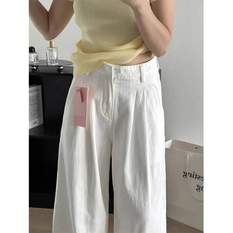 大码纹理宽松直筒阔腿牛仔裤女春季新款白色高腰显瘦垂感拖地裤子
