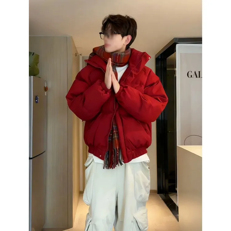 美式红色羽绒棉服男冬季加棉加厚外套短款cleanfit扎染面包服棉衣