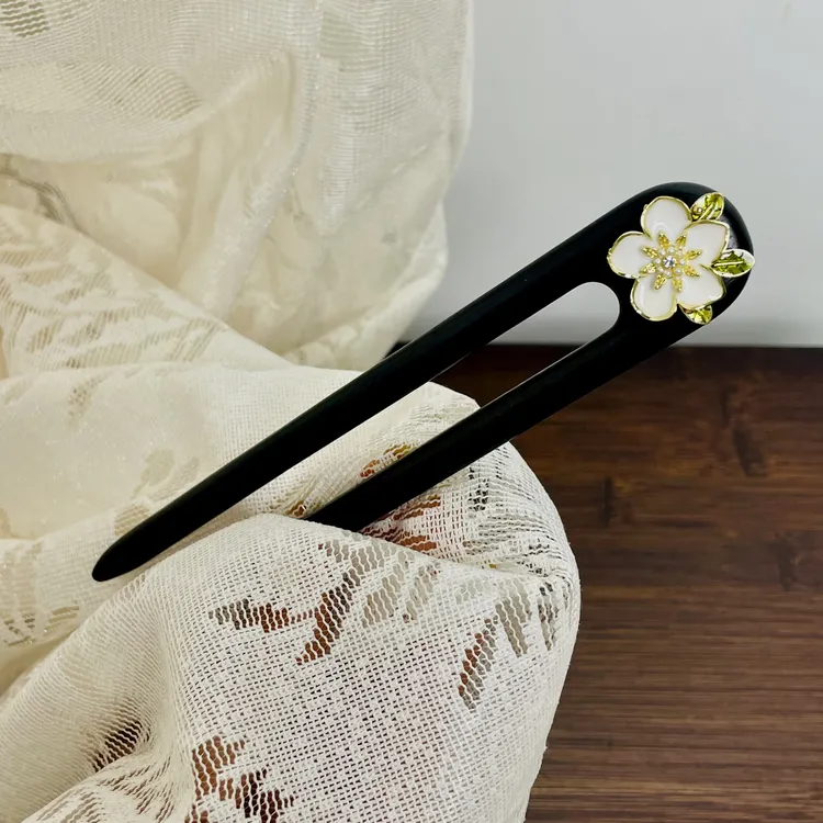 13~15厘米黑檀木U型发簪栀子花打孔固定简约日常百搭发饰簪子