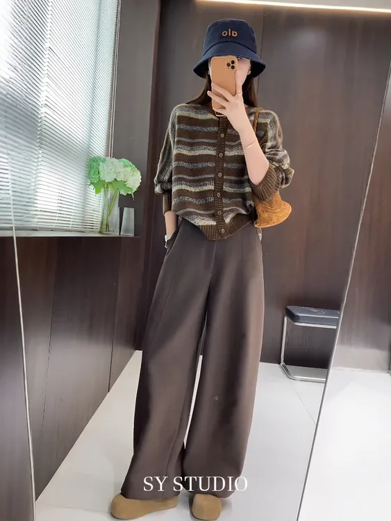 巨好看的秋装一整套时尚蝙蝠袖条纹针织衫高腰显瘦直筒休闲裤套装