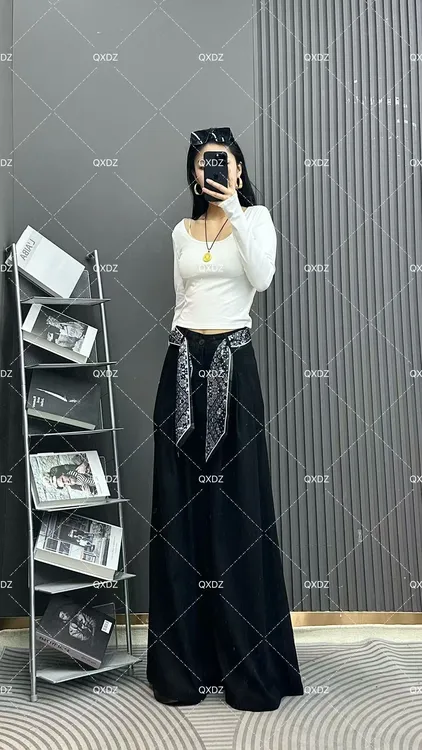 早秋新款丝巾压褶西装裤上班通勤简约纯色高腰遮跨休闲拖地裤3318