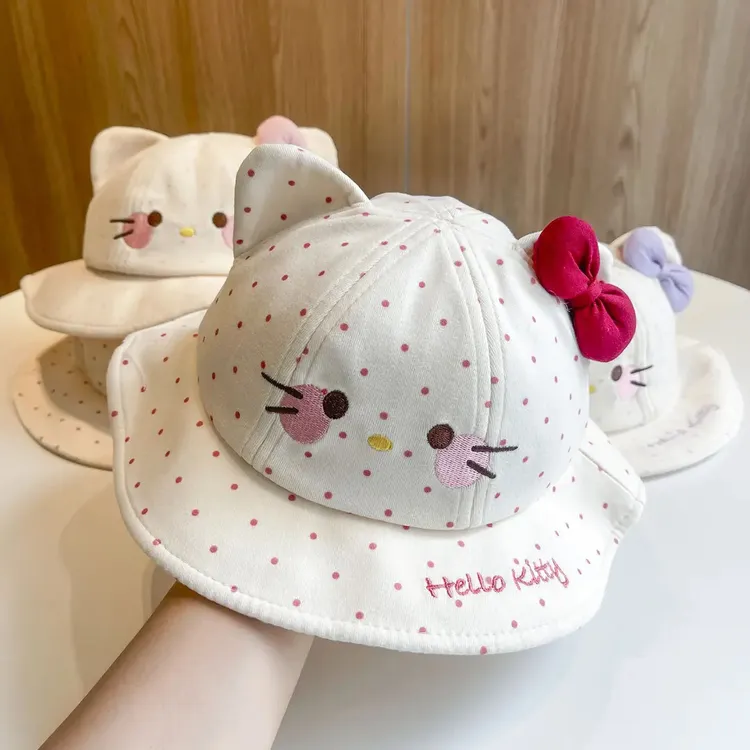 春秋超萌可爱猫咪甜美蝴蝶结渔夫帽女童遮阳防晒萌趣盆帽宝宝帽子