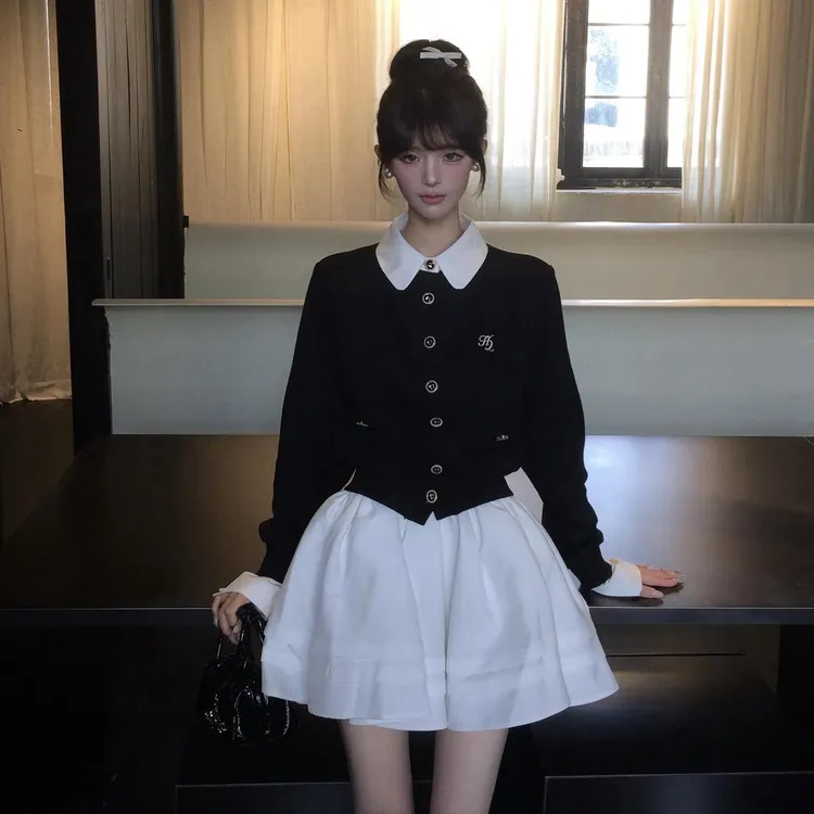 撞色拼接假两件针织开衫毛衣外套木耳边百褶裙套装