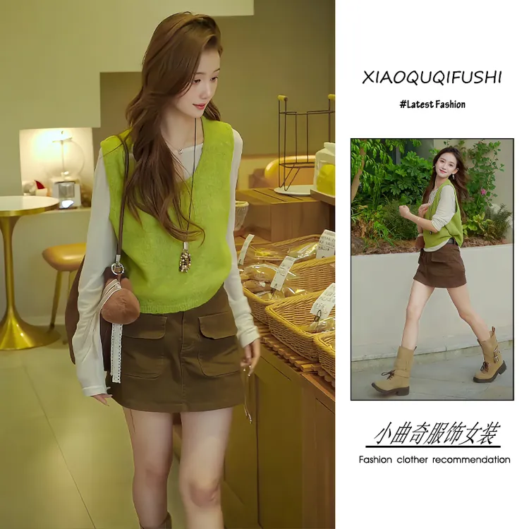 初秋流行穿搭一整套新款2025韩版复古减龄显瘦上衣马甲短裙三件套