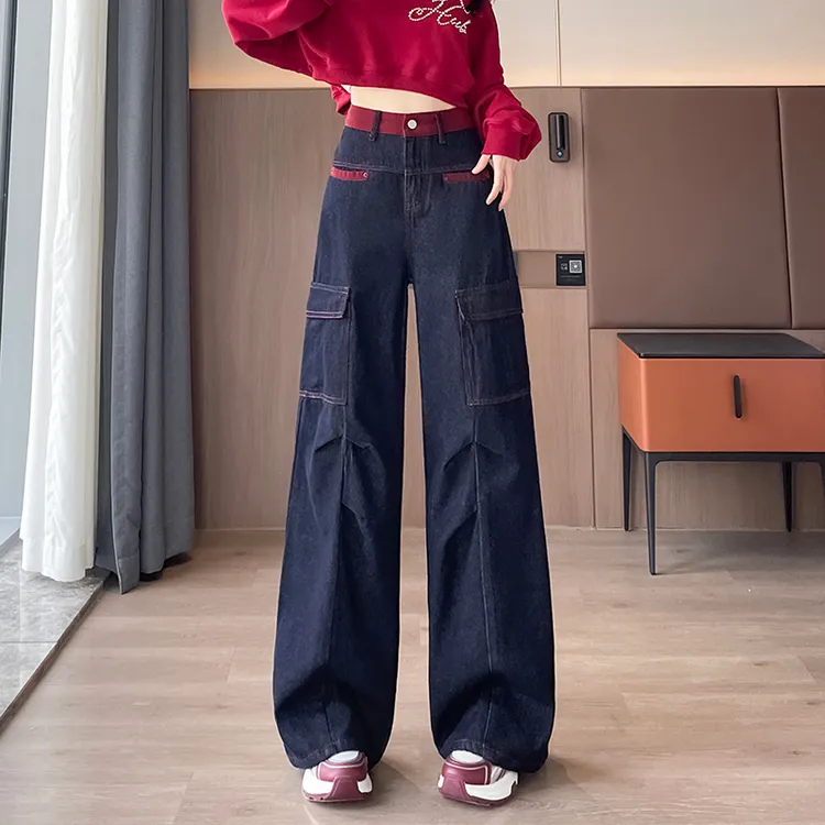 超火辣妹拼接工装牛仔裤女2025年秋装新款高腰显瘦宽松直筒阔腿裤