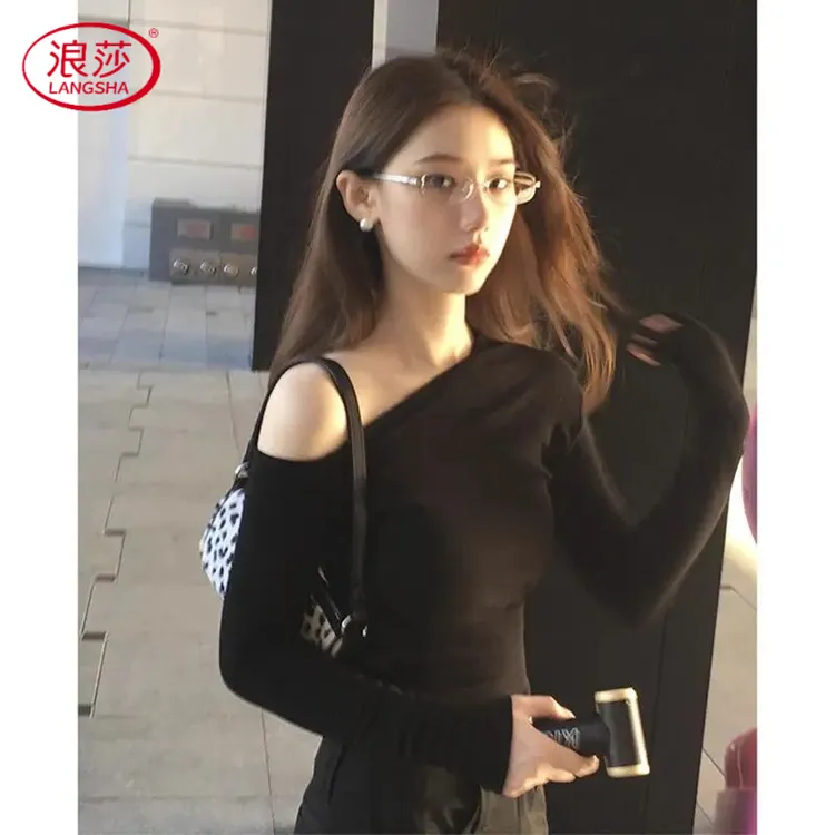 浪莎t恤辣妹斜肩修身欲女上衣2025新款风露肩长袖纯秋季显瘦一字