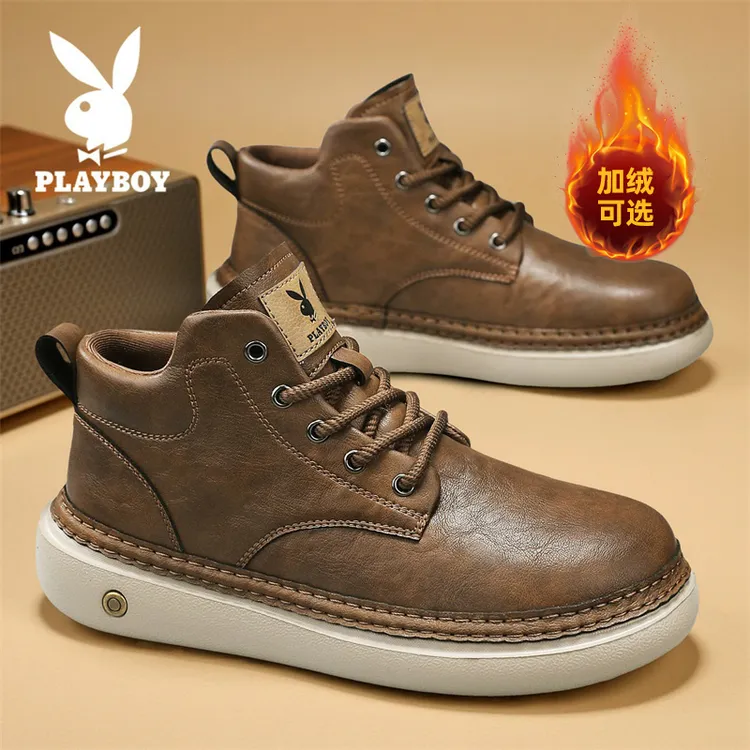 PLAYBOY/花花公子男款英伦风户外工装靴圆头防滑复古高帮休闲皮鞋