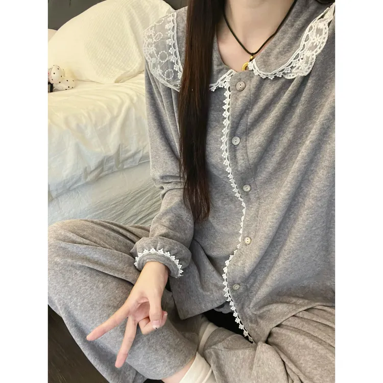 韩系甜美少女简约蕾丝花边睡衣女秋冬季新款宽松休闲百搭家居套装